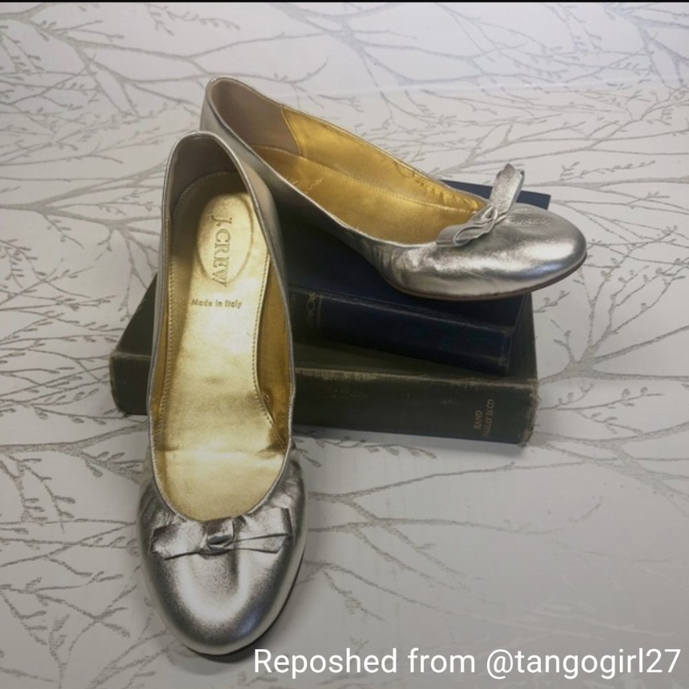 *NWOB* JCrew Size US 8.5 Metallic Silver Ballet Flats Shoes Bow Detail #26273
